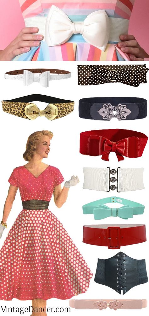 Vintage belts: wide belts, cinch belts, skinny belts, bow belts, pinup belts Retro Vintage Outfits 1950s, 50's Outfits 1950s, Belts For Dresses, 1950s Accessories, Belts Vintage, Belt For Dress, Pinup Fashion, Restaurant Vintage, 1950s Fashion Dresses