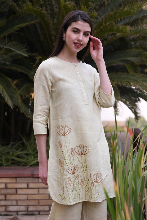 Shop for these amazing collections of Green 100% Linen Round Embroidered Tunic For Women by Linen Bloom online at Aza Fashions. Short Kurta Designs Women, Embrodiary Design, Bamboo Grove, Tunics Online, Kurta For Women, Embroidered Kurti, Designer Kurti Patterns, Tunic Designs, Kurti Embroidery Design