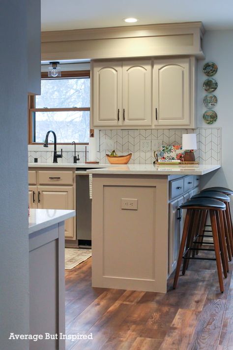 Wood Above Kitchen Cabinets, Kitchen Soffit Makeover, Kitchen Soffit Decorating Ideas, Shaker Style Trim, Builder Grade Cabinets, Kitchen Cabinets Trim, Kitchen Soffit, Kitchen Cabinet Inspiration, Budget Kitchen Makeover