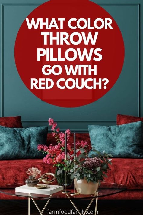 What Color Throw Pillows Go With Red Couch? (15 Ideas) Red Sofa Throw Pillows, Styling A Red Couch, Wall Color For Red Couch, Pillows For Red Couch, Red Sofa Decorating Color Schemes, Red Pillows On Couch, Red Couches Living Room Decor, Red Furniture Living Room Ideas, Burgundy Leather Couch