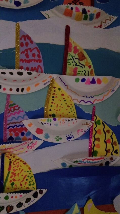 Styrofoam Plate Crafts, Boat Craft For Preschoolers, Sail Boat Crafts For Kids, Boat Art Preschool, Boat Crafts For Toddlers, Boat Arts And Crafts For Kids, Paper Boat Craft Preschool, Boat Art And Craft For Preschooler, Sailboat Craft