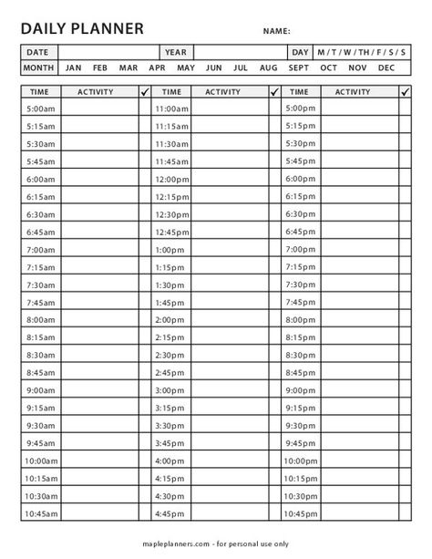 15 Minute Day Planner, 15 Minute Planner, Daily Hourly Schedule Printable Free, Time Organization Ideas, Daily Schedule Template Time Management, Time Slots Template, Daily Time Blocking Template, Study List Planner, Daily Time Blocking Printable Free