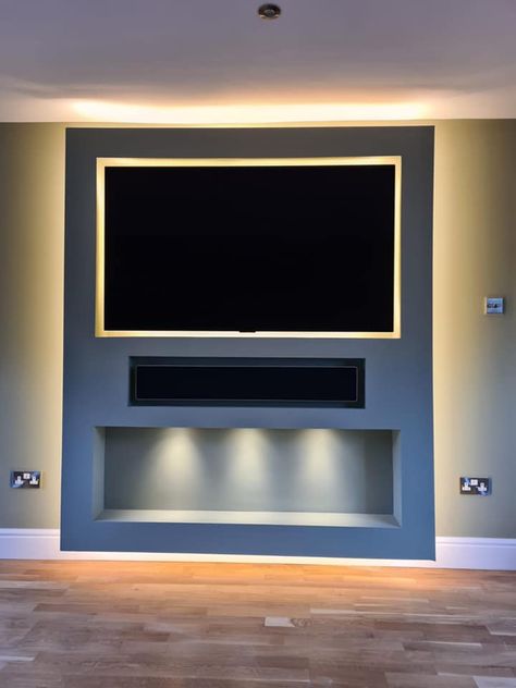 65” Tv Media Wall, Media Wall Led Lights, Inset Tv Wall Ideas, Media Wall With Lights, Fireplace With Sound Bar, Small Tv Media Wall, Led Media Wall, Media Wall Lighting Ideas, Slim Media Wall