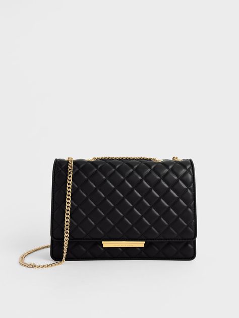 Black Double Chain Handle Quilted Bag Black Leather Crossbody Bag, All 50 States, Side Bags, Charles Keith, Double Chain, Designer Shoulder Bags, Chain Bag, Black Quilt, Black Purses