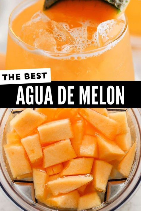 Cantaloupe Aqua Fresca, Mexican Cantaloupe Drink, Melon Water Recipes, Mexican Fresca Drinks, Cantaloupe Water Recipes, Mexican Summer Drinks, Fall Agua Fresca, Mexican Fruit Drinks, Cantaloupe Drink Recipes