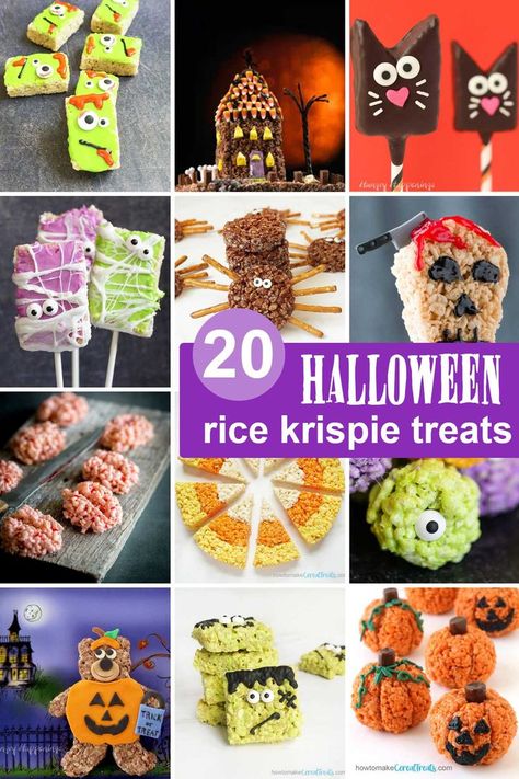 collage of Halloween Rice Krispie Treats Halloween Rice Krispie Treats Ideas, Halloween Rice Crispy Treats, Halloween Rice Krispies, Krispie Treats Christmas, Halloween Rice Krispie Treats, Easy Halloween Treats, Spooky Halloween Food, Postres Halloween, Best Cereal