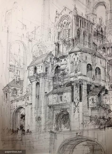 Fantasy Cities by PaperBlue Castle Sketch, Fantasy Cities, Cityscape Drawing, Perspective Drawing Architecture, Landscape Sketch, City Drawing, Perspective Art, Architecture Drawing Art, Architectural Sketch