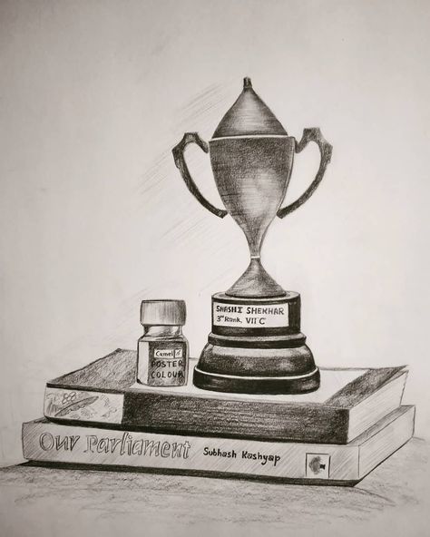 Still life sketch!✏️ #stilllife #stilllifedrawing #pencil #pencilsketches #books #trophy #postercolour #ourparliament #novel #art… Trophy Drawing, Still Life Sketch, Life Sketch, Children Sketch, Still Life Drawing, Poster Colour, Life Drawing, Pencil Sketch, Be Still