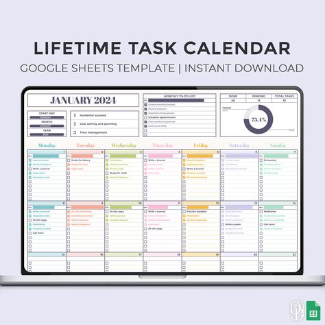 📅 Lifetime Task Calendar - Google Sheets Template ✨ Elevate your productivity with our 'Lifetime Task Calendar' - your ultimate productivity sidekick! 🌟 Features: 🗓️ Monthly Calendar with Sunday/Monday start options. 📝 Daily planning with up to 10 tasks per day. 📊 Automatic progress tracking and completion percentage. 🔄 Effortless duplication for each month. 🎨 Customizable for a lifetime of use. 🚀 Benefits: 📈 Track and visualize your progress effortlessly. 🤩 Lifetime usability for cont Google Sheets Calendar, Google Sheets Templates, Task Calendar, Editable Birthday Cards, Budget Template Free, Make A Calendar, Planning Calendar, Today Calendar, Calendar Monthly