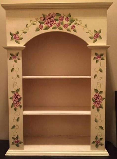 Painting Shelf Ideas, Hand Painted Bookshelf, Painting Shelves Ideas, Painted Shelf Ideas, Bookshelf Altar, Shelf Painting Ideas, Shelf Painting, Painted Shelves, Painting Shelves