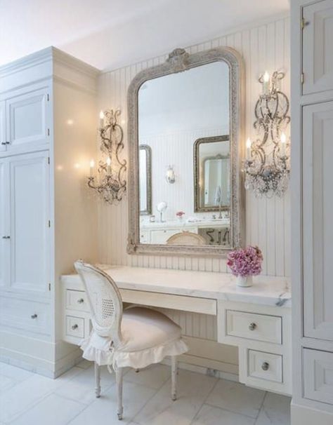 A new year, a new vanity! See how I updated my vanity. I am also letting you in to see the rest of our elegant master bedroom. Shabby Chic Dressers, Beverly Hills Houses, Table Wall, Vanity Room, Shabby Chic Bedroom, 아파트 인테리어, Chic Bathrooms, Dressing Rooms, Makeup Table