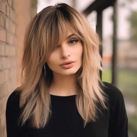 2 Layer Haircut Medium Mid Length, Sweeping Fringe Long Hair, Choppy Long Layered Haircuts With Bangs, Razor Layers Medium Long Hair, Medium Hair Cuts With Bangs And Layers, Hair Styles With Bangs Medium Layered, Shag With Side Swept Bangs, Wispy Side Bangs Long Hair, Angle Bangs