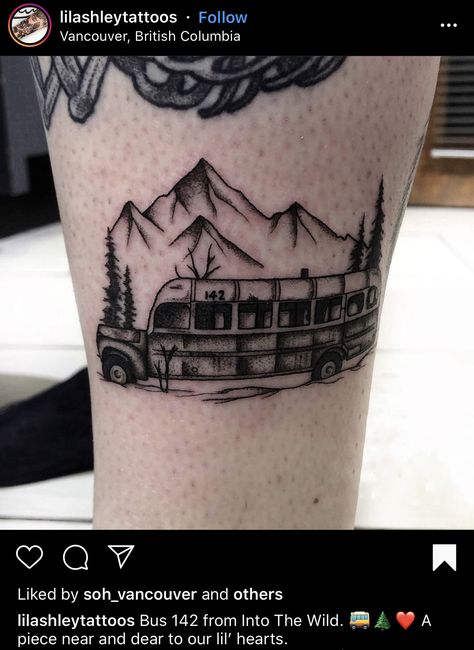 Into the wild bus tattoo Into The Wild Bus Tattoo, School Bus Tattoo Ideas, School Bus Tattoo, Into The Wild Tattoo, Bus Tattoo, Camping Tattoo, Vintage Tattoo Art, Wild Tattoo, Queen Tattoo