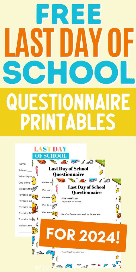 Free printable last day of school questionnaires. Last Day Of School Questionnaire, Last Day Of School Activities, School Questionnaire, School Questions, Last Day Of Preschool, Last Day Of Kindergarten, Questions For Students, Questions For Kids, School Interview