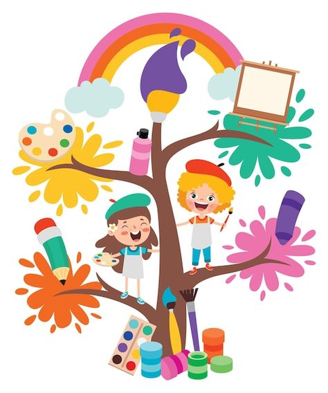 Vector art concept with kids on tree | Premium Vector #Freepik #vector #artist #art-drawing #painter-artist #paint-art Artist Doing Art, Children's Day Painting, Save Kids Art Work, Drawing Vector, Art Concepts Ideas, Artist Clipart, 2023 2024, Wall Painting For Kindergarten, Paint For Kids