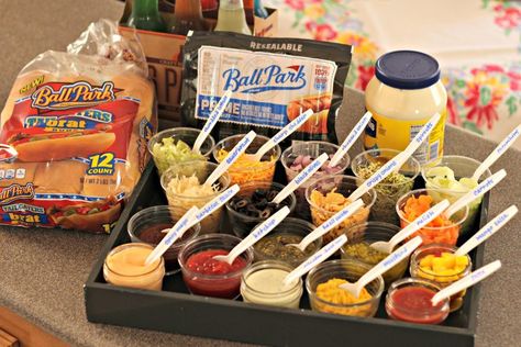 Hot Dog Bar Set Up, Firepit Party, Hot Dog Bar Party, Hot Dog Bar Ideas, Hot Dog Bar Toppings, Baseball Food, Hot Dog Party, Party Food Bars, Fire Pit Party