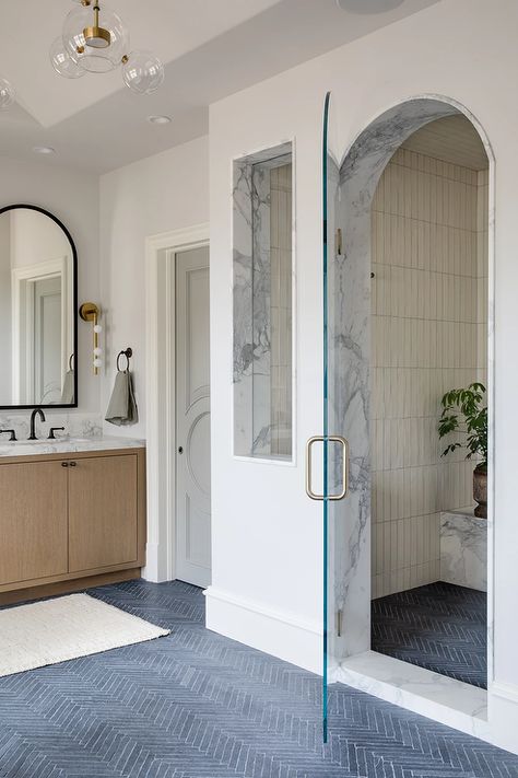 Herringbone Shower Floor, Clear Shower Door, Brooke Wagner Design, Brooke Wagner, Newport Coast, Shower Floor Tile, Arched Doors, Herringbone Floor, Glass Shower Doors