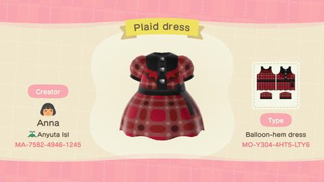 Trade items with other players, share designs, and more! Acnh Dress Design, Acnh Dress, Red Dress Design, Red Tartan Dress, Animal Crossing Custom Designs, Dress Creator, Pink Plaid Dress, Qr Codes Animal Crossing, Red Plaid Dress