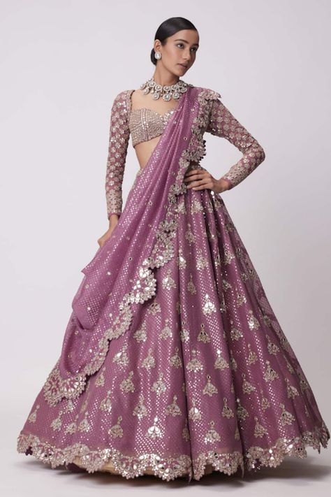 Buy Purple Lehenga And Dupatta Organza Embroidery Mirror Butti Work Bridal Set For Women by Vvani by Vani Vats Online at Aza Fashions. Lilac Lehenga, Mirror Lehenga, Vani Vats, Sequin Lehenga, Purple Lehenga, Lehenga Pattern, Mirror Work Blouse, Full Sleeve Blouse, Mirror Embroidery