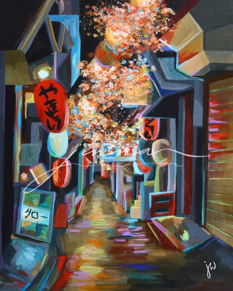 This artwork, 'Neon Dreams', is a print of an original acrylic painting by Japan/UK-based artist, Jenna Wallace.  "Alive with colour and light, Tokyo will always be one of my favourite places to be. With neon lights and lanterns illuminating the cherry blossom, I wanted this painting to capture the wonder I felt exploring Tokyo's streets. I enjoyed experimenting with colour to express the vibrant nature of this dynamic city." Japan Painting Easy, Japanese City Street, Tokyo Painting, Japanese City, Places To Be, Japan Painting, Dream Painting, Tokyo Street, Sense Of Place