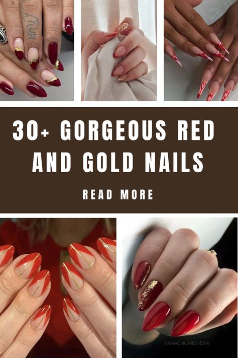 Are you looking for elegant, sophisticated manicure colors that still turn heads? These bright but not excessive red and gold nails are… Copper And Gold Nails, Red Nails With Gold Design, Elegant Gel Nails Classy, Red And Gold Ombre Nails, Red Gold Ombre Nails, Elegant Nails Red, Red And Gold Nails Acrylic, Red And Gold Nail Ideas, Red And Gold Nail Designs