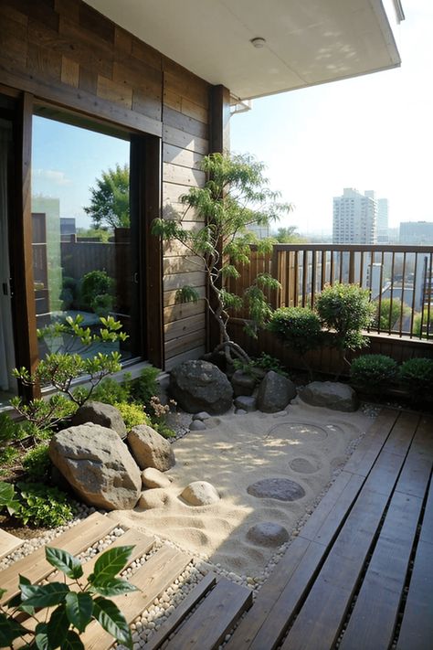 small japanese zen garden balcony apartament Zen Patio Ideas Small Balconies, Japanese Balcony Garden, Small Japanese Garden Ideas, Japanese Balcony, Zen Yard, Garden Ideas On A Budget, Rooftop Gardens, Small Japanese Garden, Small Courtyard