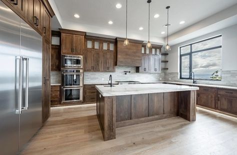 There’s something about dark wood cabinets that feels timeless ✨ #customhomes #builtforyou #housetour #houseplans #modernhomes #southernutah #hometour Light Flooring With Dark Cabinets, Dark Floor Light Cabinets Kitchen, Light Floors Dark Cabinets Kitchen, Light Hardwood Floors With Dark Cabinets, Dark Cabinets With Light Floors, Light Floors Dark Cabinets, Dark Stained Kitchen Cabinets, Dark Stained Cabinets, Stained Kitchen Cabinets