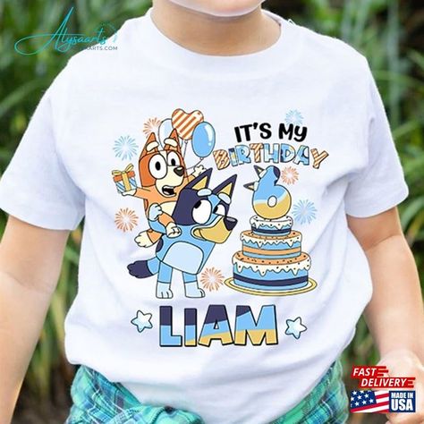 Personalized Bluey Birthday Shirt Hoodie Unisex Check more at https://alysaarts.com/product/personalized-bluey-birthday-shirt-hoodie-unisex/ Bluey Birthday Shirt Ideas, Bluey Shirt Design, Bluey 3rd Birthday Party For Boy, Bluey Birthday Shirt, 3rd Birthday Party For Boy, Fiesta Bluey, Kids Outfits Daughters, Boys First Birthday Party Ideas, Blue Birthday Parties