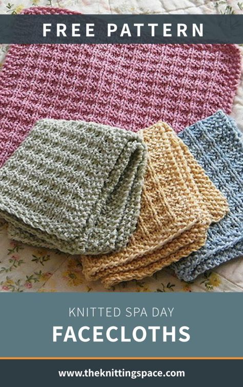 Make everyday a spa day at home with these Knitted Spa Day Facecloths. It's an easy knitting pattern that's sturdy, great for everyday use, and wonderfully soft on your skin. It's an excellent project for your next pajama party with the girls. | Discover over 5,500 free knitting patterns at theknittingspace.com #knittingpatternsfree #DIY #giftideas Knitted Cotton Face Cloths, Knitting Pattern For Dishcloth, Knit Face Cloth Free Pattern, Face Cloth Knitting Pattern, Knitted Wash Cloths Free Pattern, Knitted Face Cloths Free Pattern, One Day Knitting Projects, Knitted Dish Cloths Free Patterns, Knit Washcloth Pattern Free