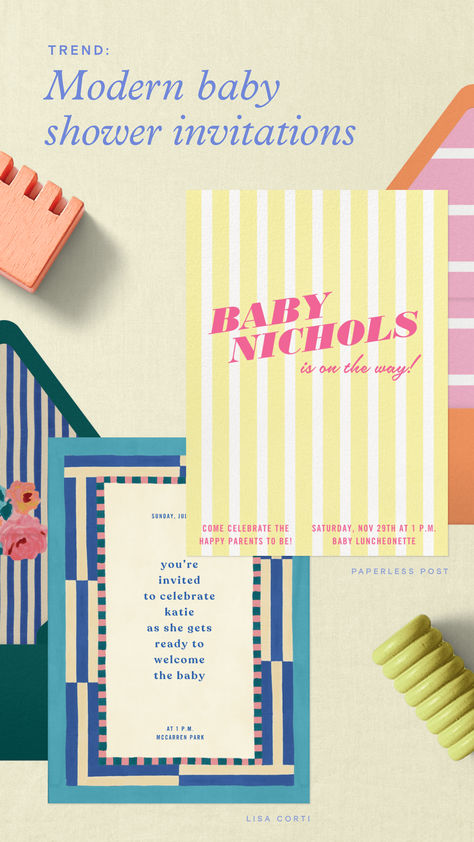 Celebrate a new baby in style with these bold, design-forward baby shower invitations fit for the contemporary mom-to-be. Gender Neutral Shower Ideas, Neutral Shower Ideas, Baby Shower Aesthetic, Modern Baby Shower Themes, Spring Baby Shower Themes, Modern Baby Shower Invitations, Creative Baby Shower, Spring Baby Shower, Happy Parents