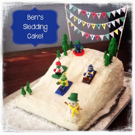 Sledding Cake! So much fun!  I will definitely be making more cakes now!  #wintercake #winterfun #birthdaycake #cake #snowcake #birthday #snowmanoncake #minigarland#minitrees Sledding Party Ideas, Sledding Birthday Party Ideas, Sledding Birthday Party, Ski Cake, Sledding Party, Snow Cake, Snow Party, Mini Garland, Winter Birthday Parties