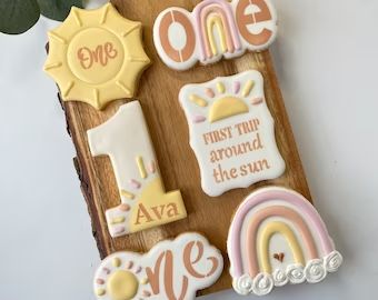 Etsy - Shop for handmade, vintage, custom, and unique gifts for everyone Trip Around The Sun Cookies, Sun Cookies, 1st Year Birthday, Sun Cake, Sunshine First Birthday, First Birthday Cookies, Sunshine Birthday Parties, First Birthday Cupcakes, Sun Birthday