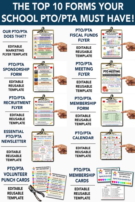 All the essential pto pta forms you need!  Editable templates for your school pto pta organization.  Marketing membership donation financial forms and more!! Pto Membership Ideas, Pto Secretary Binder, Pto Recruitment Ideas, Pto Communication, Pta Membership Ideas, Pto Forms, Pto Fundraising Ideas, Pta Membership Drive, Pto Membership