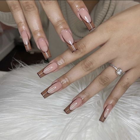 Silver Chrome Nails With Cross, Brown Outline French Tip Nails, Brown Gold French Tip Nails, Sparkly Brown French Tip Nails, Brown French Tip Nails With Design, Brown And Nude Acrylic Nails, Almond Style Nails, Brown Nails With Gems, Brown French Tip Acrylic Nails