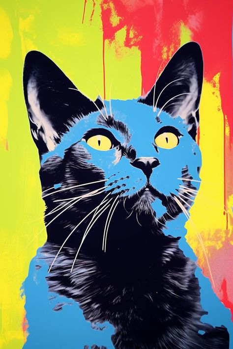 In the ever-evolving landscape of modern art, few figures stand out as vividly as Andy Warhol, a luminary of the Pop Art movement. Inspired by Warhol's groundbreaking use of bold colors and repetitive imagery, the latest piece in our gallery is a striking portrayal of a black cat. This artwork embodies the whimsical spirit that Warhol infused into his work while also inviting a contemporary twist that resonates with today's art enthusiasts. Here, the black cat serves not merely as a subject but as a symbol of mystery and allure, capturing the viewer's curiosity through its vivid digital canvas.  The artwork transforms the mundane presence of a black cat into an extraordinary spectacle. Infused with vibrant hues and playful patterns, the piece employs a visual language reminiscent of Warhol Andy Warhol Paintings, Andy Warhol Pop Art Paintings, Andy Warhol Artwork, Pop Art Andy Warhol, Andy Warhol Inspired, Andy Warhol Pop Art, Pop Art Cat, Pop Art Colors, Retro Kunst