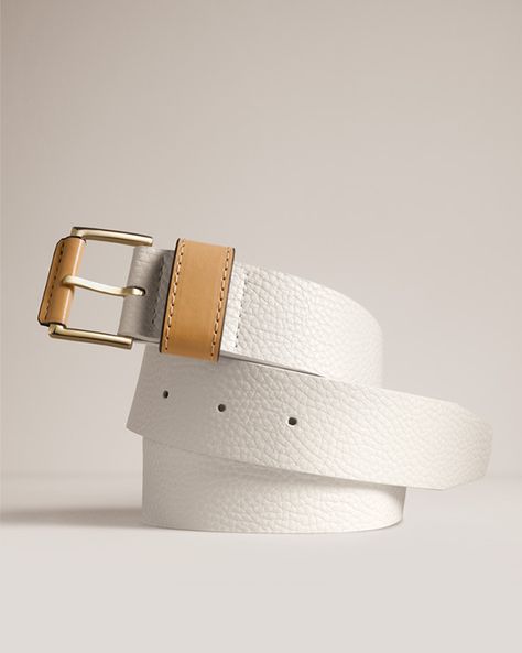 Two tone styling and a rich pebbled finish makes Ann Taylor's Summer White Belt the go-to accessory for a polished look. #anntaylor #belt #summerbelt #whitebelt Belt Product Photography, Belt Photography, Book Campaign, Jewellery Advertising, Summer Belt, Bucket Tote Bag, Brand Advertising, Belt Fashion, Taylor S