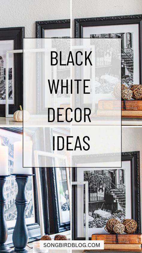 Black white mantel decor. I love this different color scheme for a fall fireplace mantel. The black and white mantel decor looks warm with the brown items. Wonderful black and white fireplace mantel decor ideas. White Mantel Decor, Black And White Fireplace, Mantal Decor, White Home Decor Ideas, Fall Fireplace Mantel, White Fireplace Mantels, Black And White Living Room Decor, Farmhouse Mantel, White Mantel