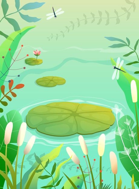 Pond swamp or lake scenery with waterlil... | Premium Vector #Freepik #vector #swamp #pond #lake #water-cartoon Wetlands Illustration, Swamp Illustration, Pond Illustration, Pond Drawing, Empty Background, Color Me Mine, Lily Plants, Night Forest, Nature Background