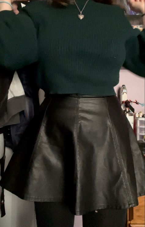 alternative grunge black leather skirt green sweater outfit Emerald Green Winter Outfit, Green Skirt Black Top Outfit, Dark Green Grunge Outfit, Black And Dark Green Outfit, Dark Green And Black Outfit, Black Leather Skirt Outfit, Green Sweater Outfit, Green Skirt Outfits, Green Top Outfit