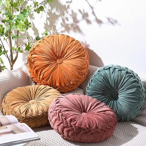 Kathfly 4 Count Round Throw Pillow Velvet Pleated 3D Pumpkin Round Pillow Boho Floor Cushion Couch for Bed Chair Home Car Sofa Decorations, 14.17 x 14.17 Inches (Colorful) Floor Cushion Couch, Round Throw Pillow, 3d Pumpkin, Cushion Couch, Boho Floor, Round Throw Pillows, Bed Chair, Round Cushion, Car Sofa