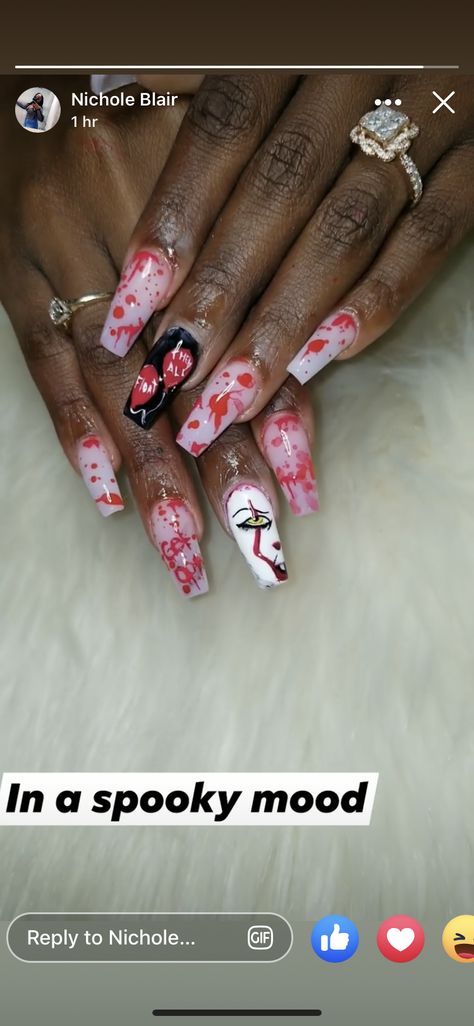 It Clown Nails, Penny Wise Nails, Scary Movie Nails, Scary Halloween Nails, Nails Scary, Clown Nails, Circus Nails, Nail Coffin, Nails Spooky