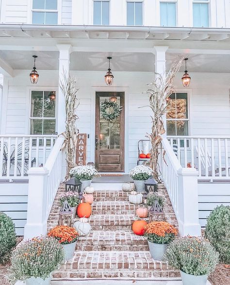 Just realized there’s only 6 days till October 1st!! You guys this was my front porch at the farmhouse last year by October!!! How has this… Front Porch Inspiration, Brick Porch, Front Porch Steps, Yellow Front Doors, Brick Steps, American Farmhouse Style, Farmhouse Front Porches, Red Brick House, Porch Steps