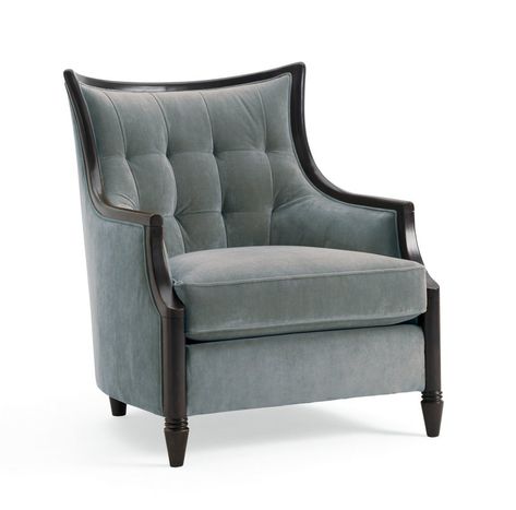 Filmore Armchair Blue Upholstered Chair, Classic Armchair, Furniture Design Chair, Luxury Chairs, Upholstered Chair, Wood Arm Chair, Blue Chair, Exposed Wood, Accent Chairs For Living Room