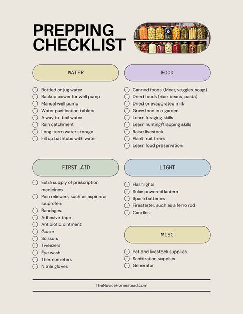 How to Start Prepping (A Beginner Checklist) - The Novice Homestead Evacuation Checklist, Long Term Water Storage, Emergency First Aid, Holiday Schedule, Berry Bushes, House Keeping, Emergency Supplies, Well Pump, Friends Love