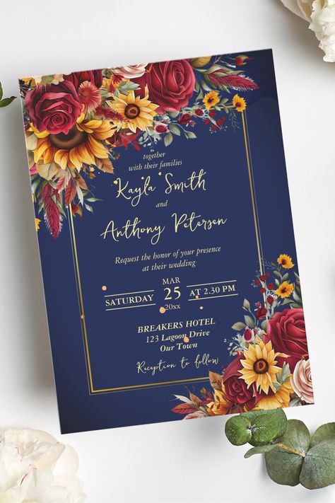 Navy blue burgundy red roses sunflowers wedding invitation template instant download Maroon And Navy Wedding With Sunflowers, Navy Blue Burgundy Sunflower Wedding, Red Gold And Blue Wedding, Red Roses And Sunflowers, Green And Burgundy Wedding, Blue Sunflower Wedding, Sunflower Wedding Invitation Template, Blue Yellow Weddings, Marigold Wedding