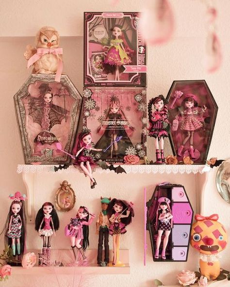 Aesthetic Doll Collection, Doll Collection Aesthetic, Draculaura Room, Doll Collection Display, Monster High Bedroom, Monster High Room, Creepy But Cute, Mh Dolls, Diy Room Decor For Teens