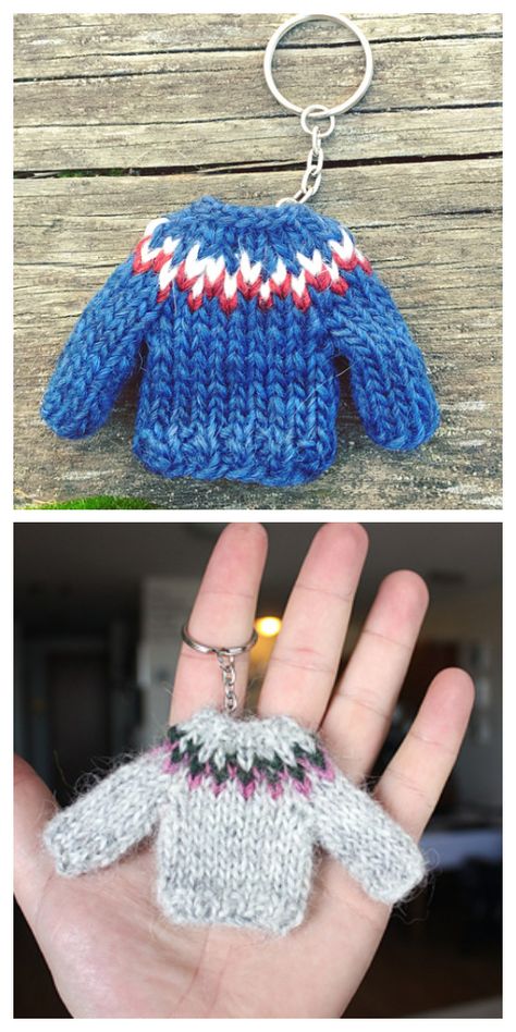 Knit Mini Sweater Keychain Free Knitting Pattern - Knitting Pattern Knit Sweater Ornaments Free Pattern, Crochet Sweater Keychain, Mini Sweater Knitting Pattern, Mini Sweater Crochet, Knit Keychain Pattern Free, Miniature Knitting Patterns Free, Keychain Knitting, Knit Keychain, Knitting Keychain