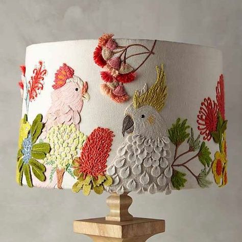 Lampshades: A Bright Way to Display Embroidery – NeedlenThread.com Embroidered Lamp Shade, Embroidered Lamp, Anthropologie Lamp, Display Embroidery, Embroidered Lampshade, Aussie Style, Diy Shades, Diy Lamp Shade, Cool Ideas