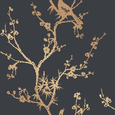 Bird Watching Black Gold Branches Removable Wallpaper Peelable Wallpaper, Chinoiserie Style, Gold Vinyl, Bird Wallpaper, Wallpaper Rolls, Cynthia Rowley, Wallpaper Samples, Self Adhesive Wallpaper, Modern Prints