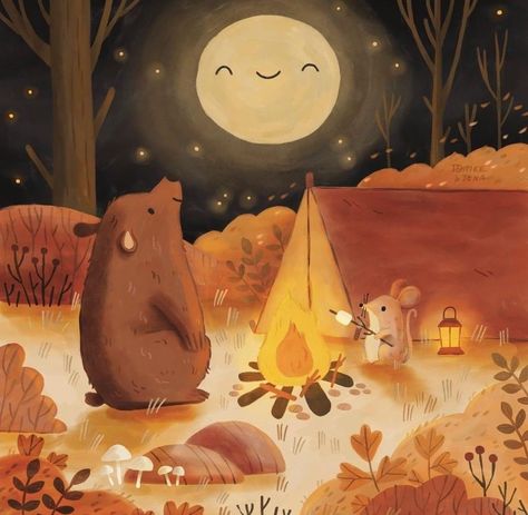 October Drawing Challenge, Maus Illustration, Forest Drawing, Mouse Illustration, Autumn Illustration, Bear Illustration, Camping Art, Whimsical Illustration, Drawing Challenge